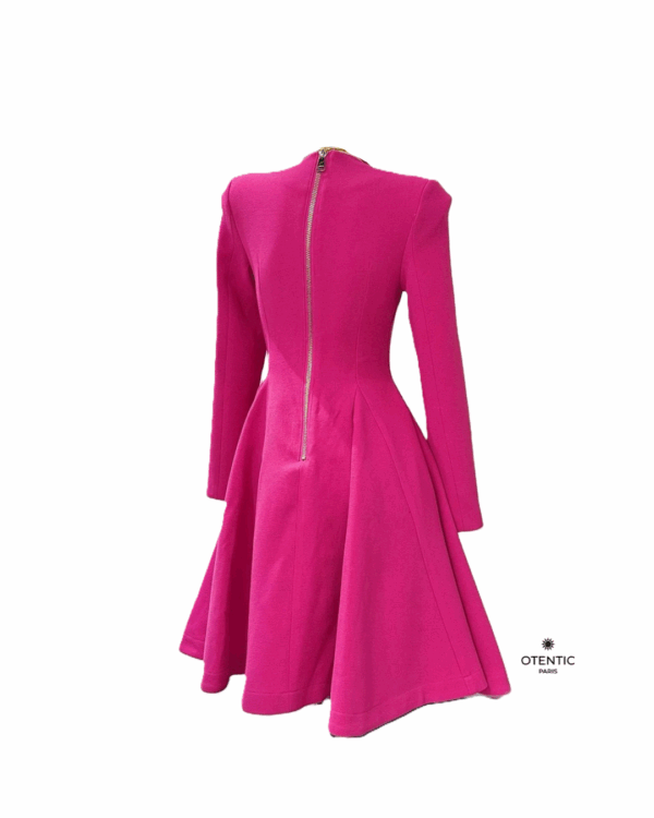 Robe Élégante col V Double Boutonnage Plissée rose dos