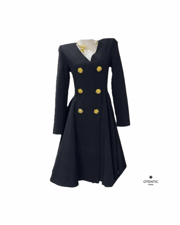Robe Élégante col V Double Boutonnage Plissée noir