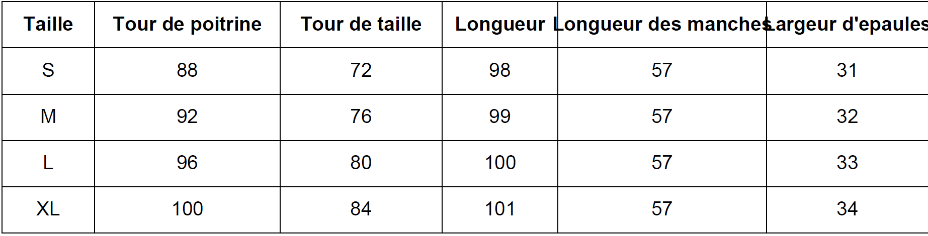 Tableau de taille Robe Minimaliste Chic