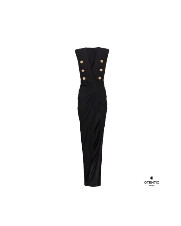 Robe Longue Drapée à Boutons Dorés