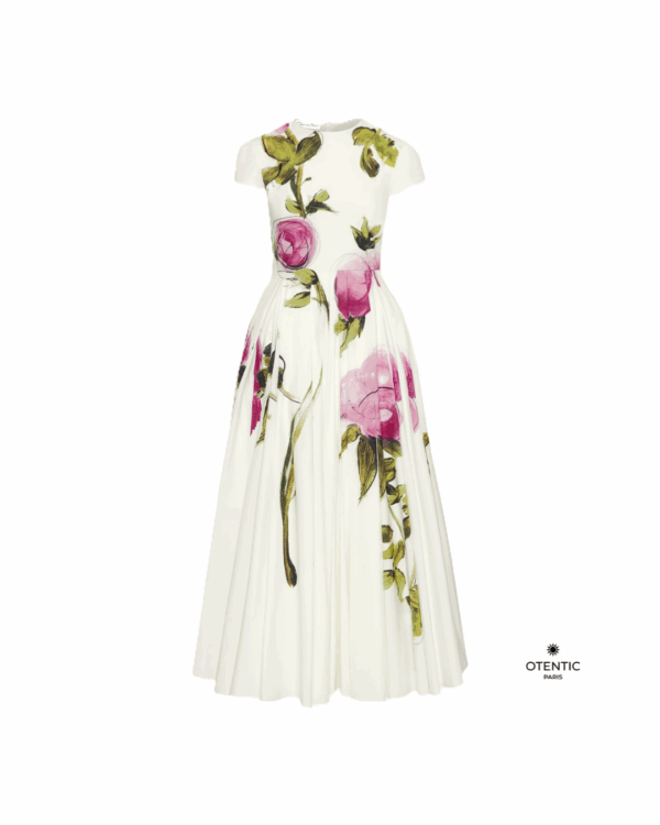Robe midi blanche à imprimé floral rose