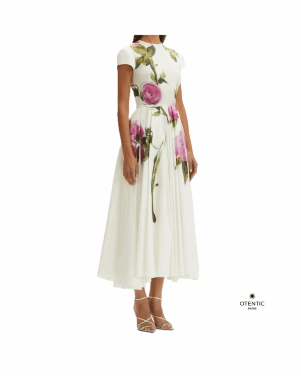 Robe midi blanche à imprimé floral rose corps