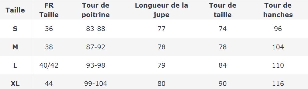 Tableau de taille Robe "Solea"