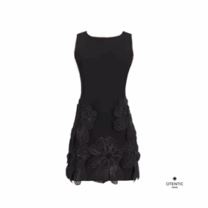 Robe Noire Brodée 3D – Fleur d’Obsidienne