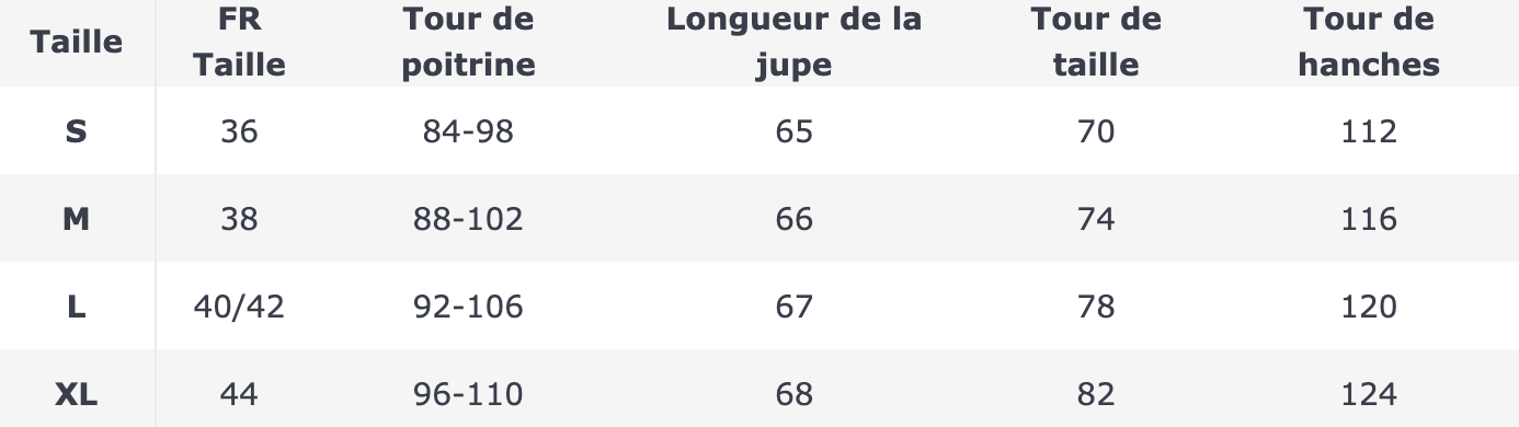 tableau de taille robe fleur